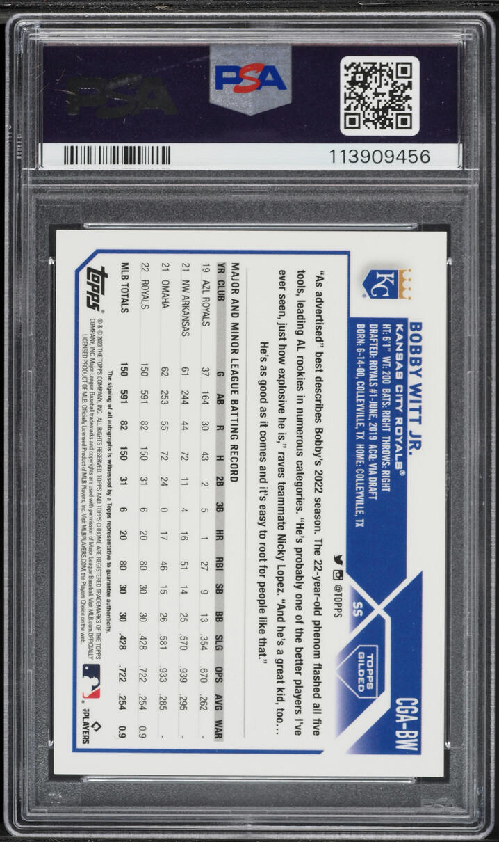 2023 Topps Chrome Gilded Collection Gold Etch Super Bobby Witt Jr. AUTO DNA 10 1/1 PSA 10 GEM