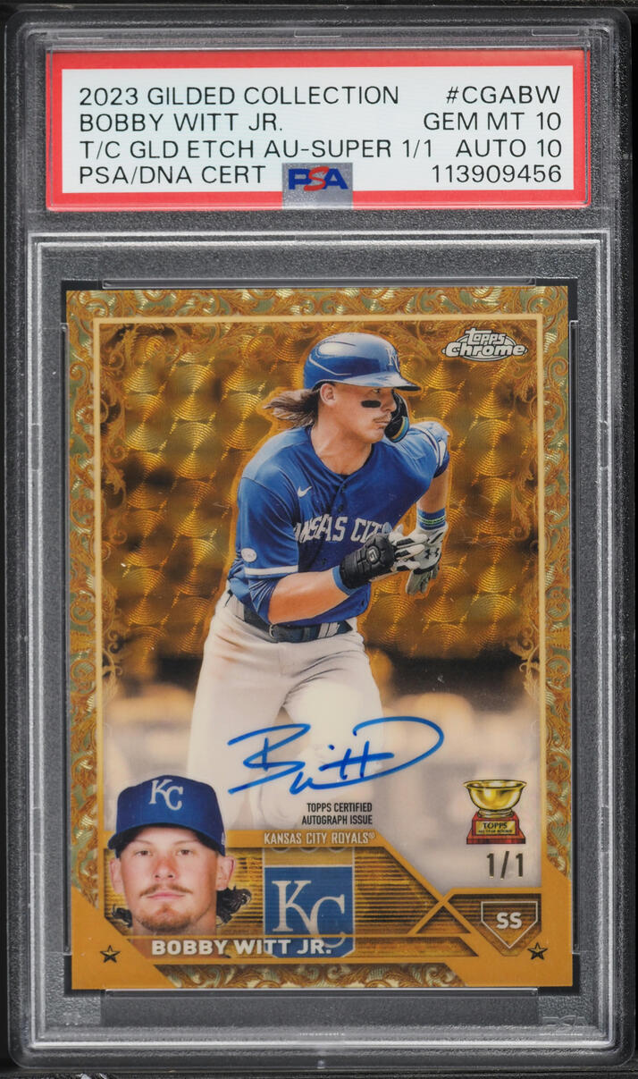 2023 Topps Chrome Gilded Collection Gold Etch Super Bobby Witt Jr. AUTO DNA 10 1/1 PSA 10 GEM