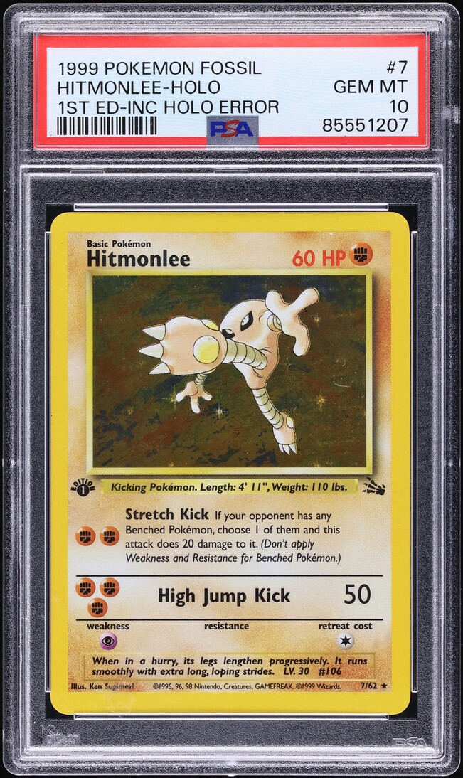 1999 Pokemon Fossil 1st Edition Holo Error Hitmonlee #7 PSA 10 GEM MINT