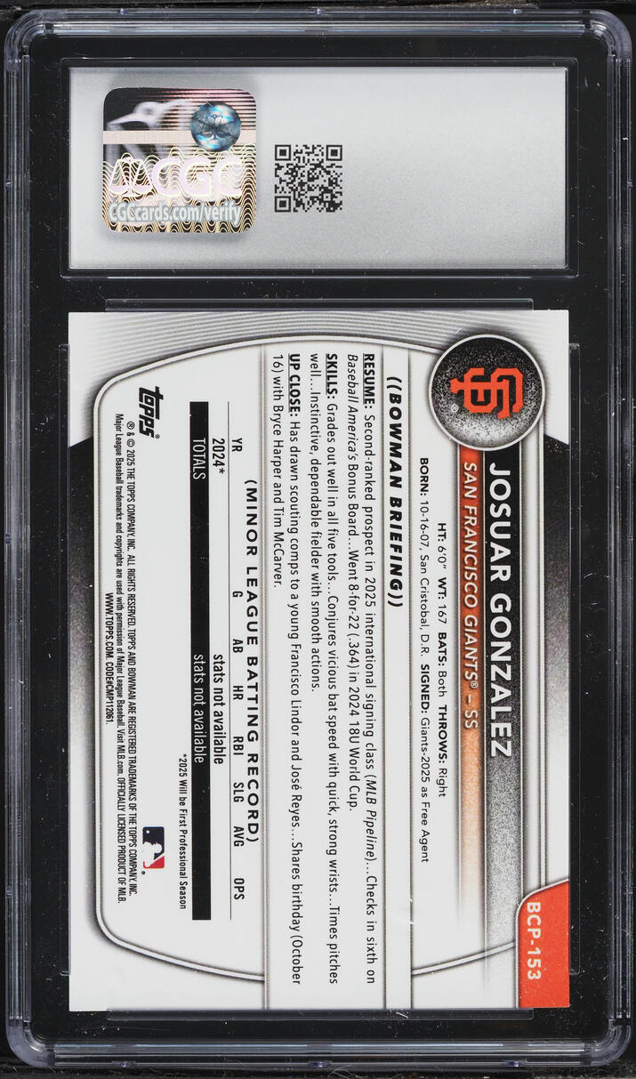 2025 Bowman Chrome Josuar Gonzalez PROSPECT #BCP-153 CGC 10 GEM MINT