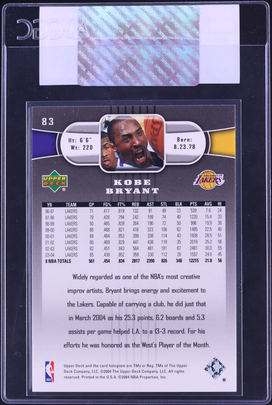2004 Upper Deck Basketball Kobe Bryant #83 CGC AUTH
