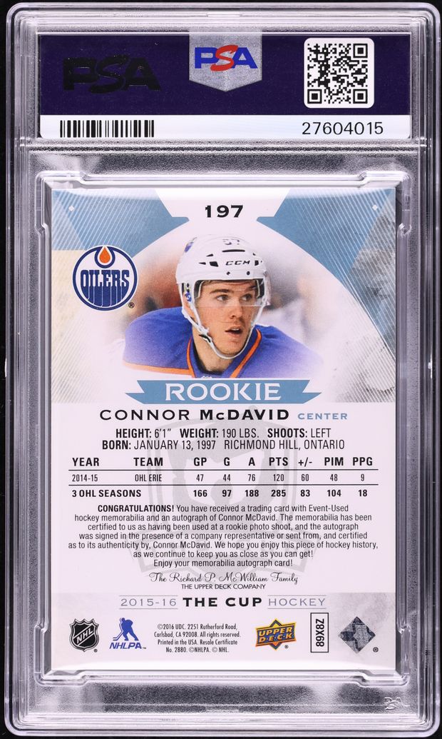 2015 Upper Deck The Cup Connor McDavid ROOKIE PATCH AUTO DNA 10 /99 #197 PSA 10 GEM MINT