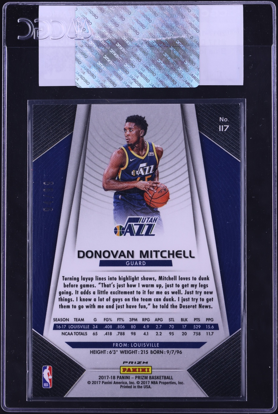 2017 Panini Prizm Blue Ice Donovan Mitchell ROOKIE #117 CGC AUTH