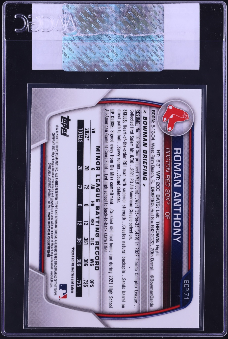2023 Bowman Chrome Roman Anthony PROSPECT #BCP-71 CGC AUTH