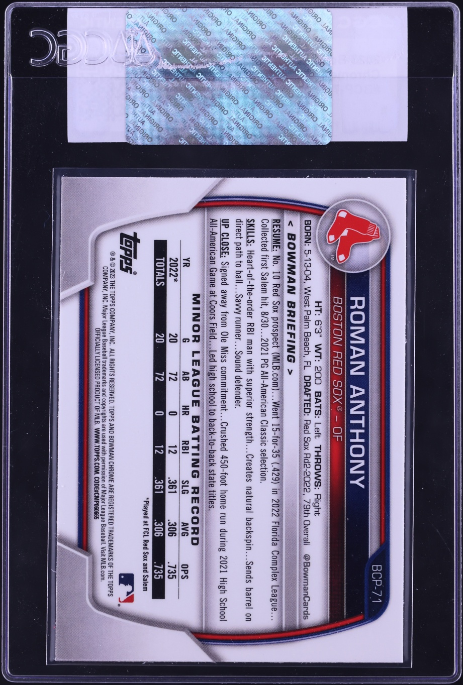 2023 Bowman Chrome Roman Anthony PROSPECT #BCP-71 CGC AUTH
