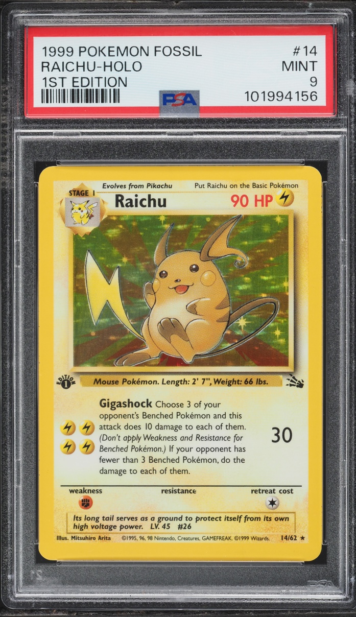 1999 Pokemon Fossil 1st Edition Holo Raichu #14 PSA 9 MINT