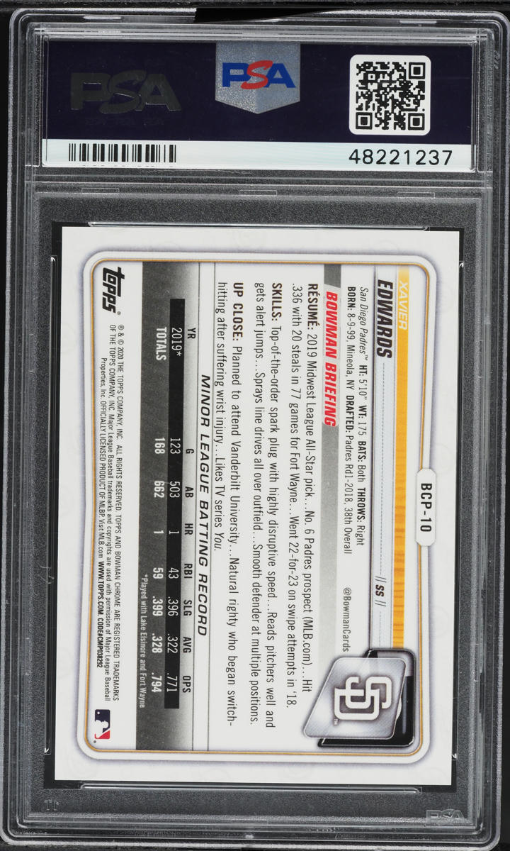 2020 Bowman Chrome Atomic Refractor Xavier Edwards PROSPECT #BCP-10 PSA 10 GEM