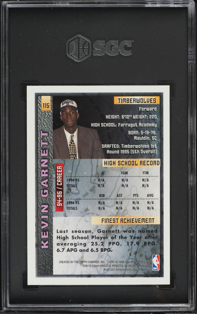 1995 Finest Basketball w/ Coating Kevin Garnett ROOKIE #115 SGC 7 NRMT