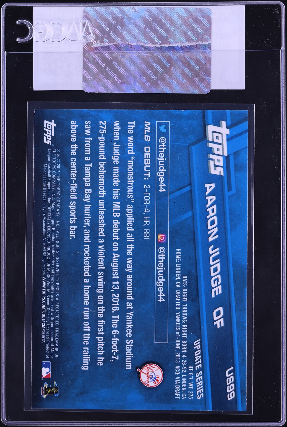 2017 Topps Update Aaron Judge ROOKIE #US99 CGC AUTH