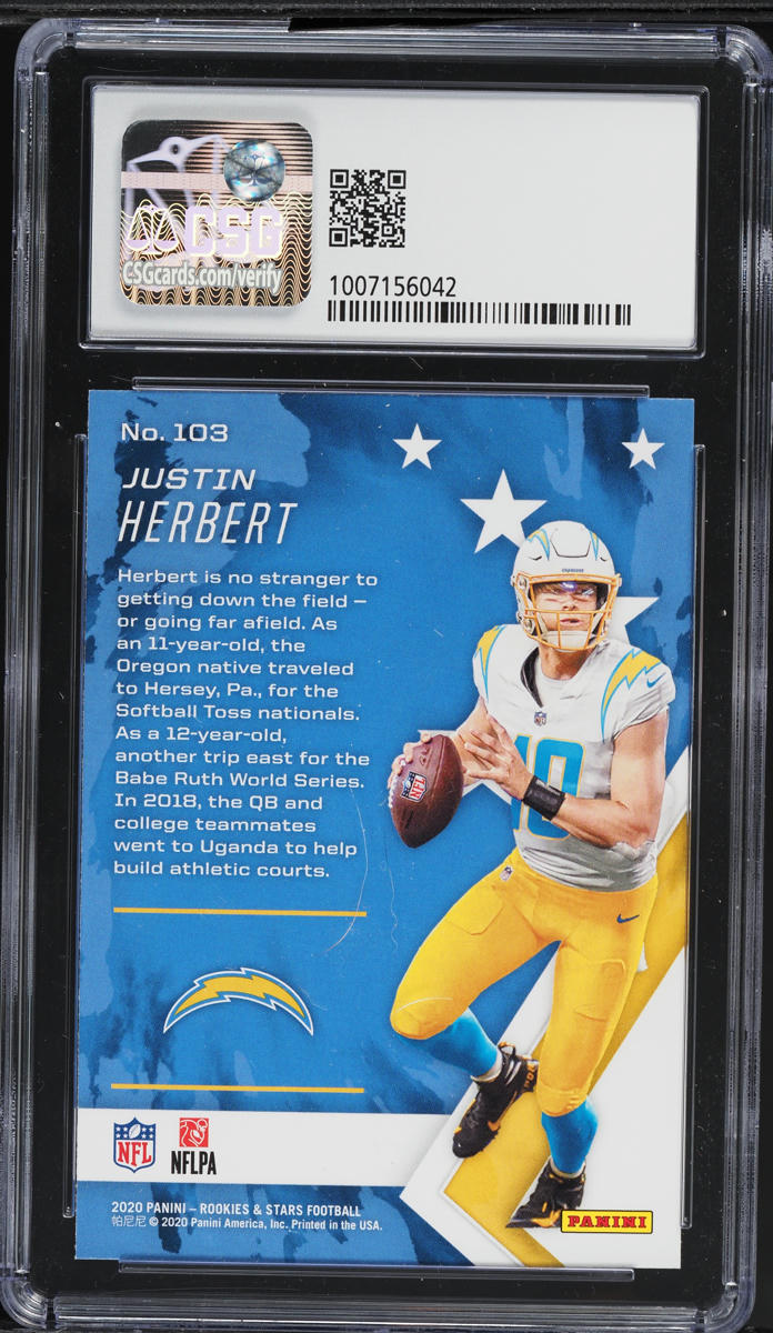 2020 Panini Rookies And Stars Justin Herbert ROOKIE #103 CSG 9 MINT