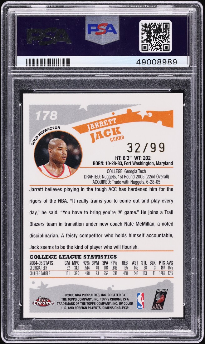 2005 Topps Chrome Gold Refractor Jarrett Jack ROOKIE /99 #178 PSA 9 MINT