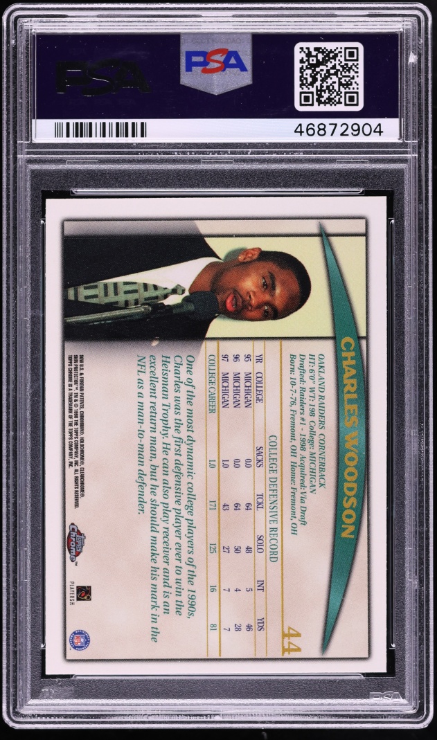 1998 Topps Chrome Charles Woodson ROOKIE #44 PSA 10 GEM MINT