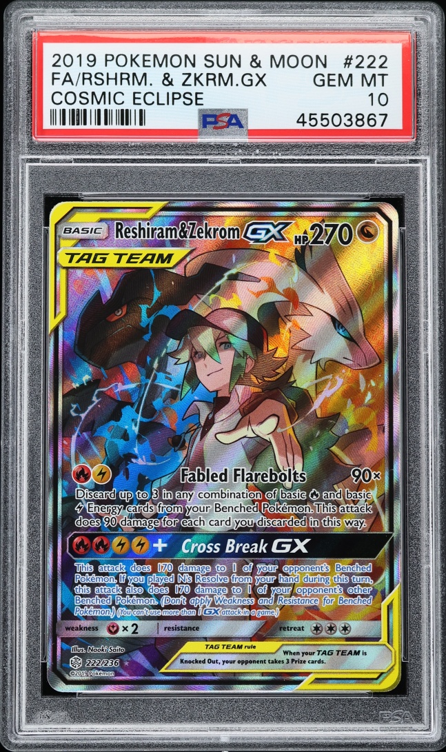 2019 Pokemon Sun & Moon Cosmic Eclipse Alt Art Reshiram & Zekrom GX #222 PSA 10 GEM MINT