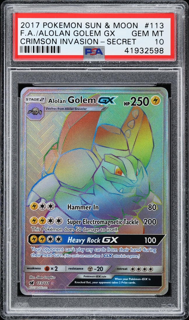 2017 Pokemon Sun & Moon Crimson Invasion Rainbow Rare Alolan Golem GX #113 PSA 10 GEM MINT
