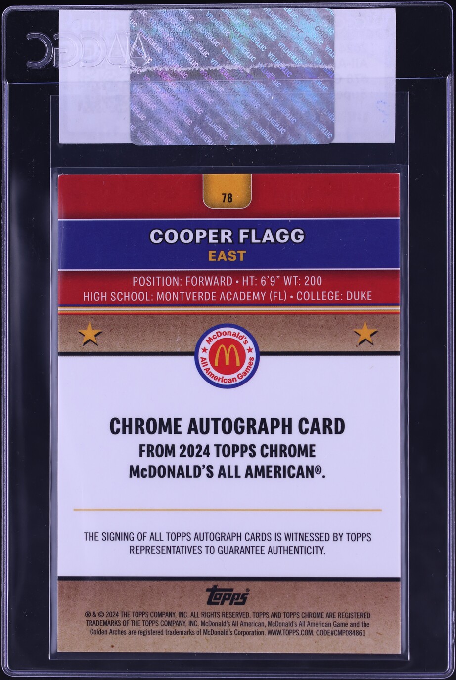 2024 Topps Chrome McDonald's A/A SuperFractor Cooper Flagg RC AUTO 1/1 CGC AUTH