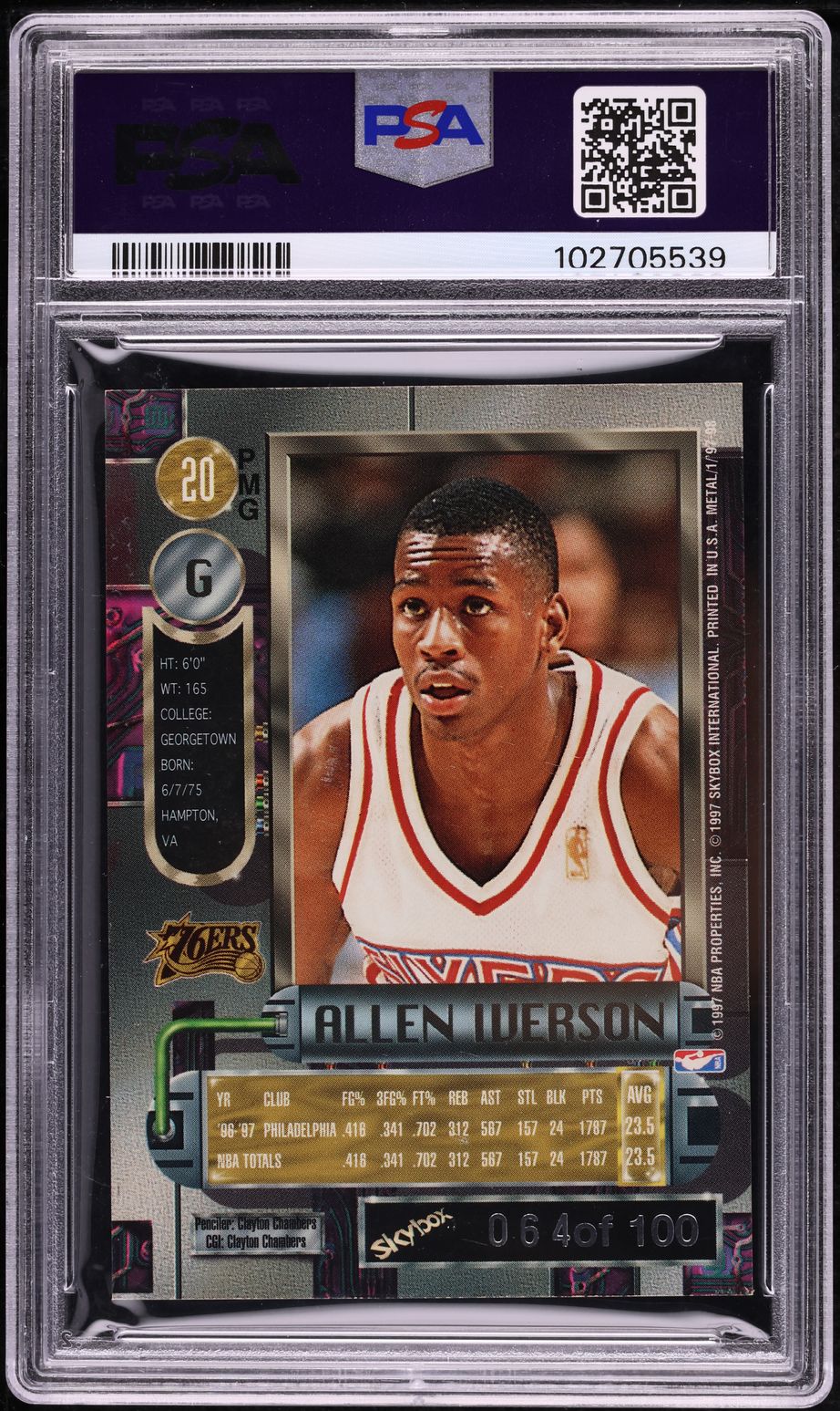 1997 Metal Universe Precious Metal Gems Red Allen Iverson /100 PSA ALTERED AUTH
