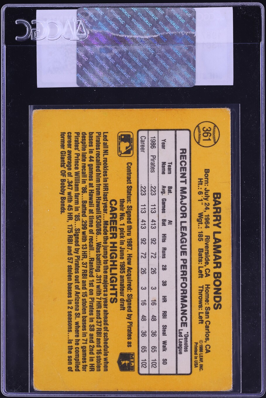 1987 Donruss Barry Bonds ROOKIE #361 CGC AUTH