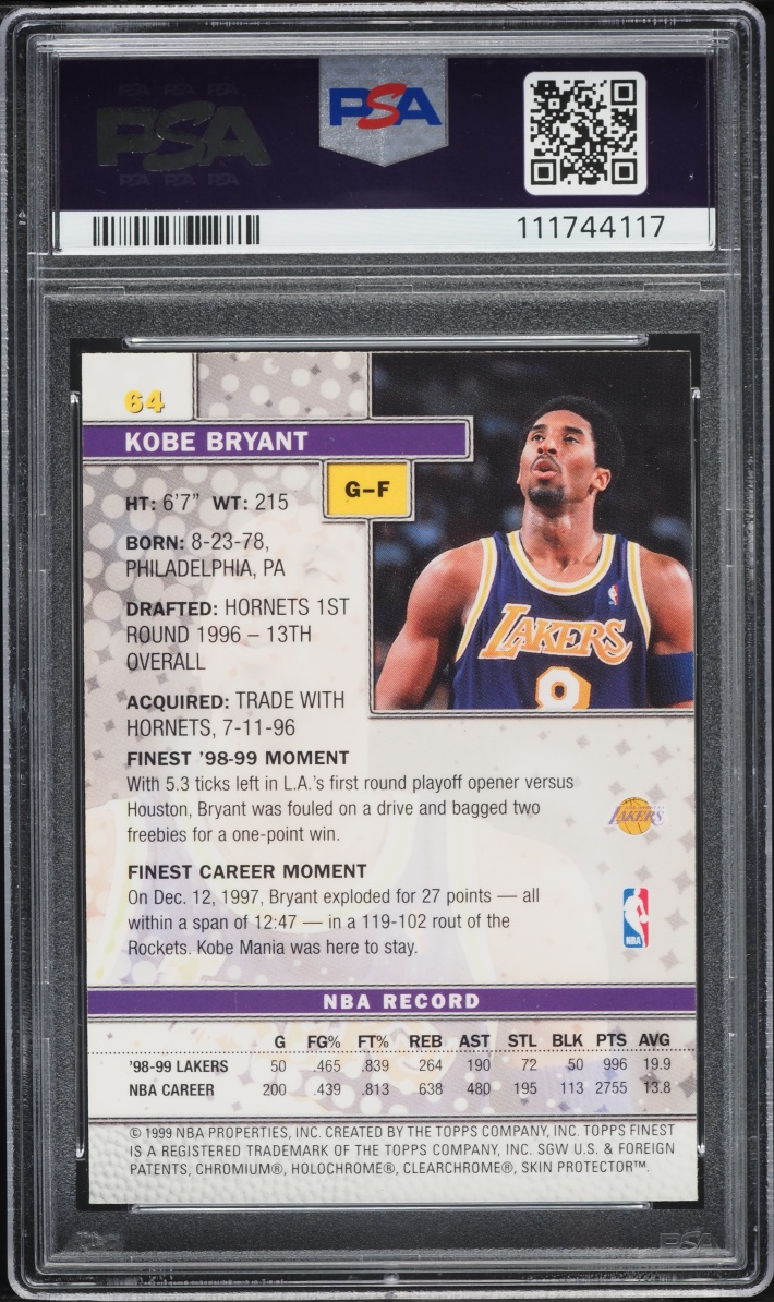1999 Finest Basketball w/ Coating Kobe Bryant #64 PSA 8 NM-MT