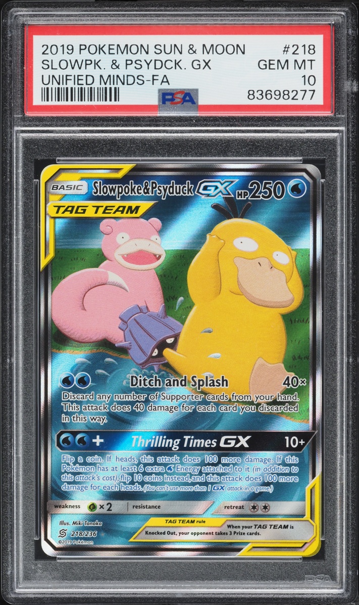 2019 Pokemon Sun & Moon Unified Minds Full Art Slowpoke & Psyduck GX #218 PSA 10 GEM MINT
