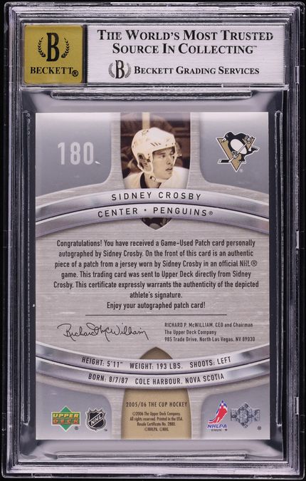 2005 Upper Deck The Cup Sidney Crosby ROOKIE PATCH AUTO /99 #180 BGS 8 NM-MT