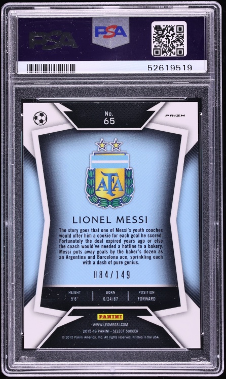 2015 Select Soccer Dark Blue Jersey Orange Prizm Lionel Messi /149 #65 PSA 10 GEM MINT