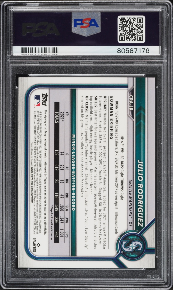 2022 Bowman Chrome Gold Refractor Julio Rodriguez ROOKIE AUTO /50 #CRA-JR PSA 10 GEM MINT