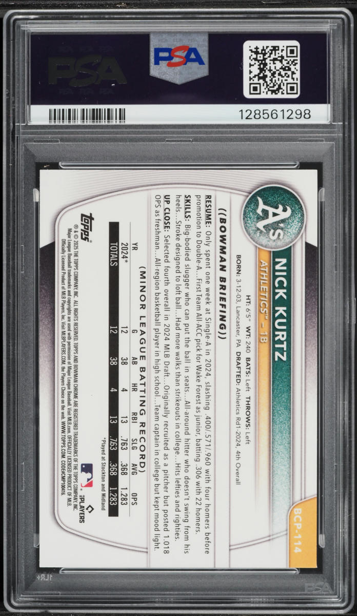 2025 Bowman Chrome Reptilian Refractor Nick Kurtz PROSPECT #BCP-114 PSA 10 GEM MINT