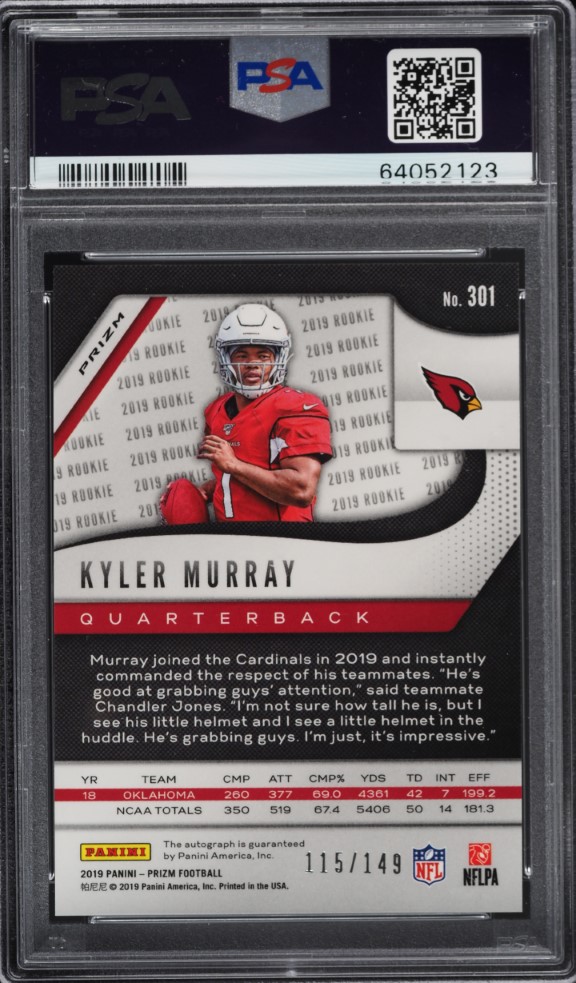 2019 Panini Prizm Red Wave Kyler Murray ROOKIE AUTO DNA 10 /149 #301 PSA 10 GEM