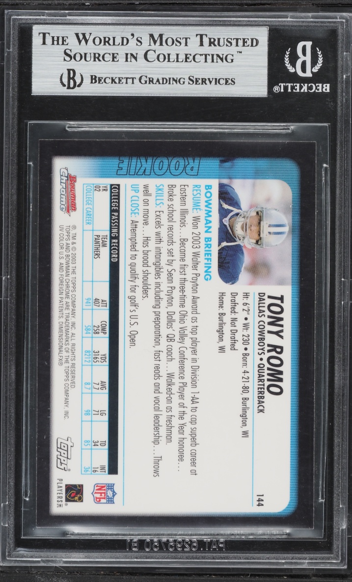 2003 Bowman Chrome Tony Romo ROOKIE #144 BGS 9 MINT