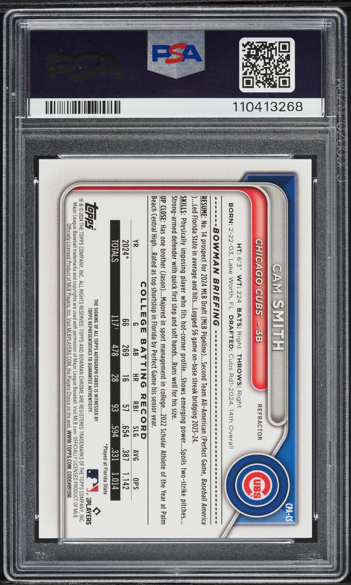 2024 Bowman Chrome Draft Refractor Cam Smith PROSPECT AUTO /499 PSA 10 GEM MINT