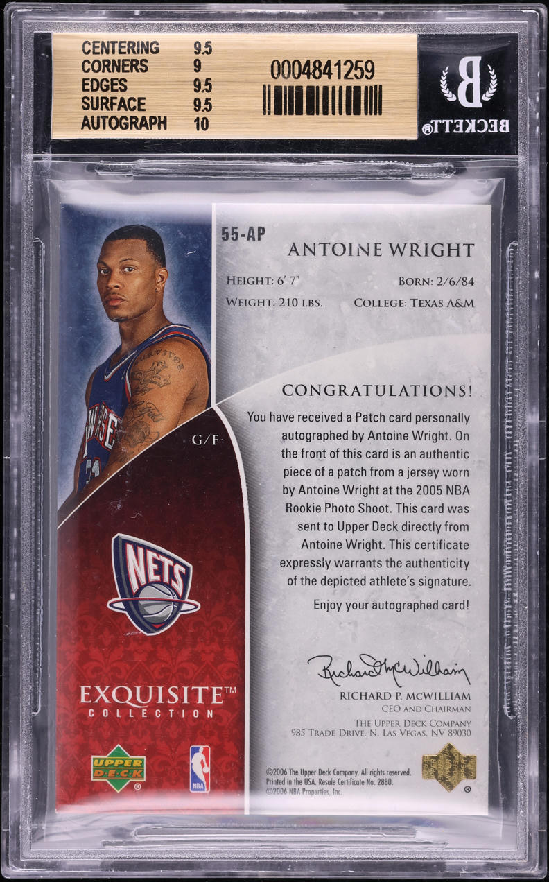 2005 Exquisite Collection Antoine Wright ROOKIE PATCH AUTO /21 #55AP BGS 9.5 GEM