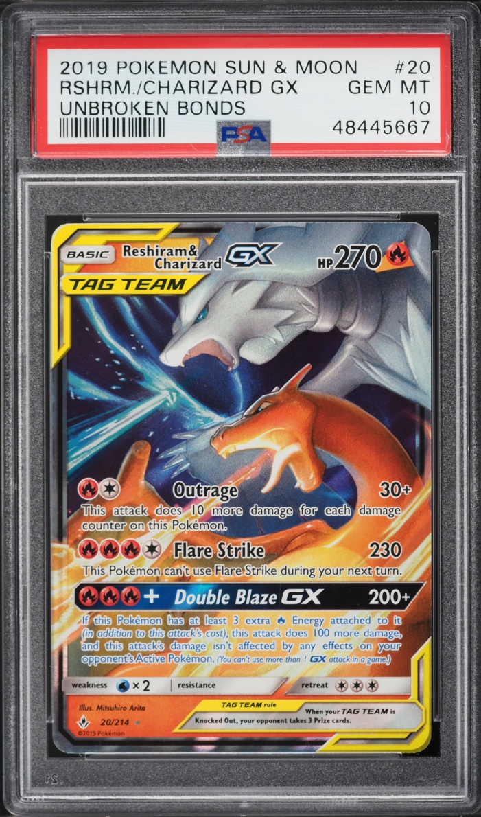 2019 Pokemon Sun & Moon Unbroken Bonds Reshiram & Charizard GX #20 PSA 10 GEM MINT