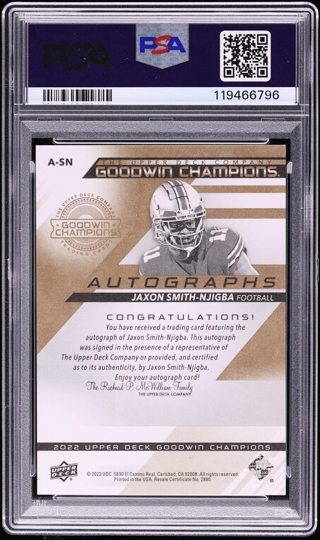 2022 Upper Deck Goodwin Champions Jaxon Smith-Njigba ROOKIE AUTO #A-SN PSA 9