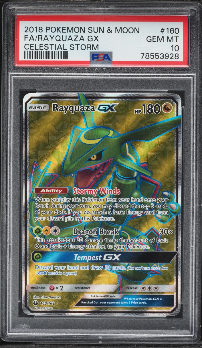 2018 Pokemon Sun & Moon Celestial Storm Full Art Rayquaza GX #160 PSA 10 GEM MINT