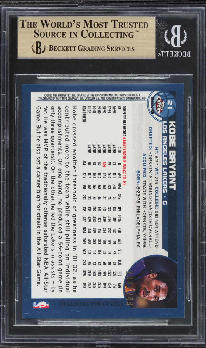 2002 Topps Chrome Refractor White Border Kobe Bryant /249 #21 BGS 9.5 GEM MINT