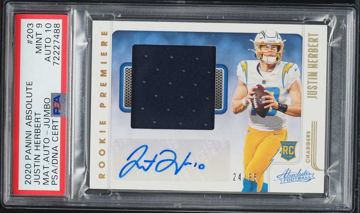 2020 Absolute Jumbo Justin Herbert ROOKIE PATCH AUTO DNA 10 /35 #203 PSA 9 MINT