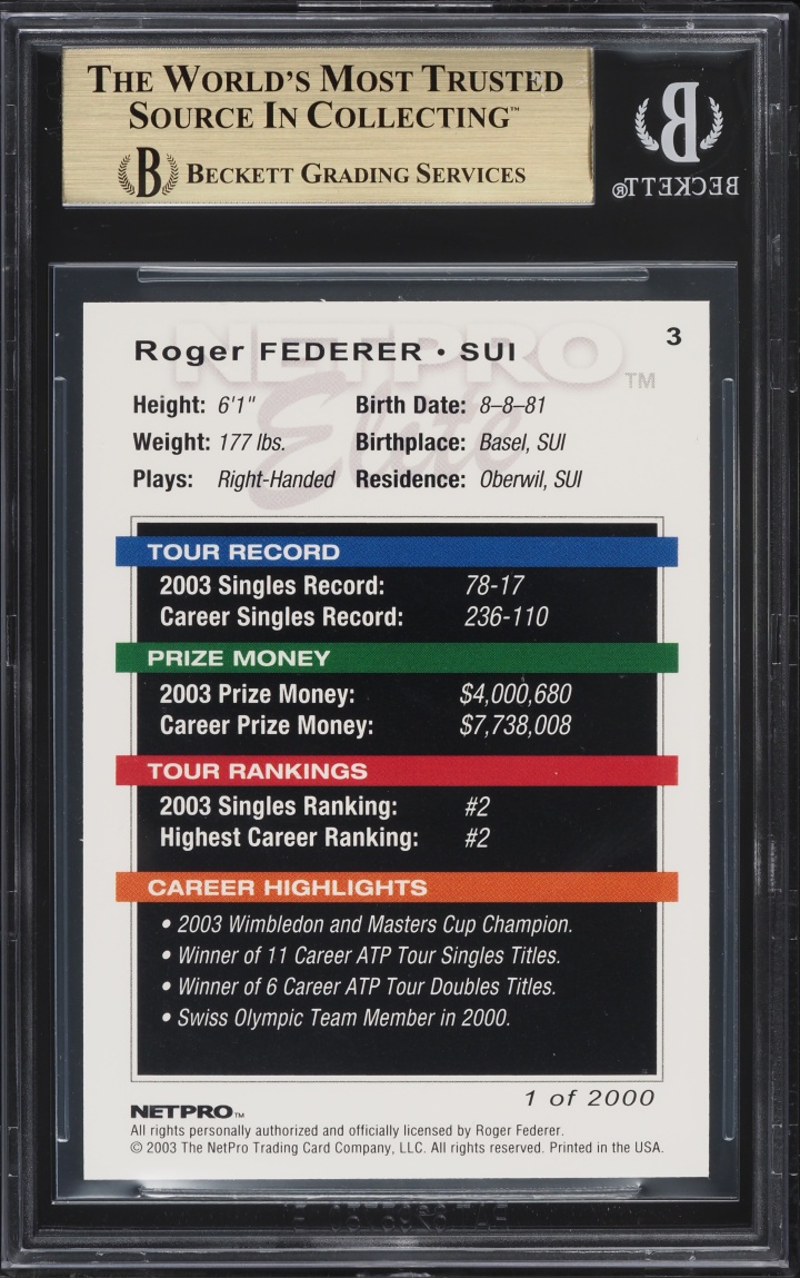 2003 Netpro Elite Roger Federer ROOKIE /2000 #3 BGS 10 PRISTINE - Photo 2