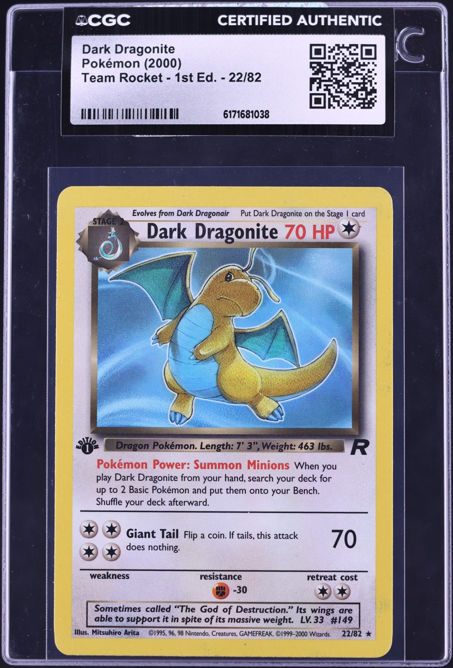2000 Pokemon Team Rocket 1st Edition Dark Dragonite #22 CGC AUTH
