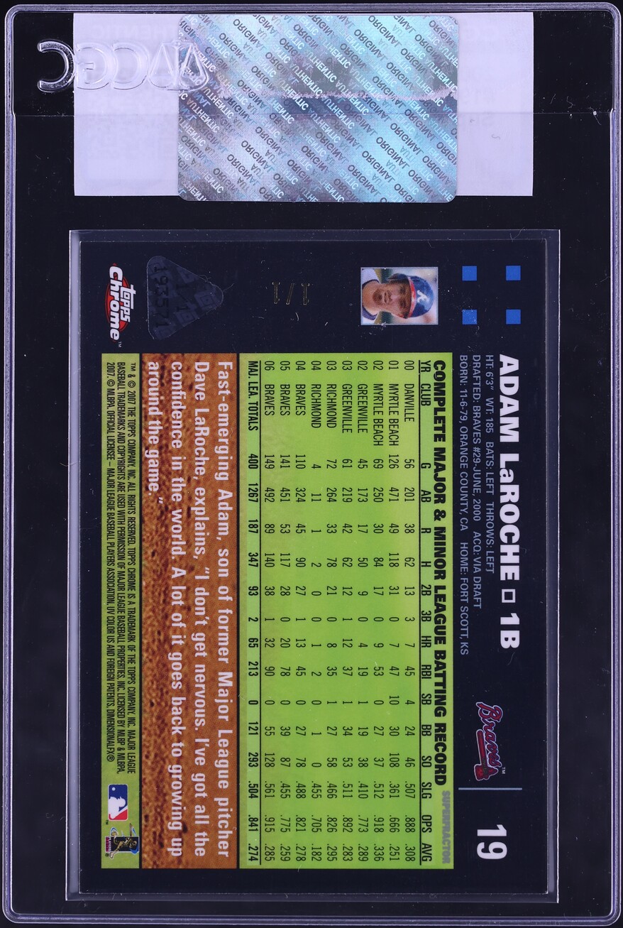 2007 Topps Chrome Superfractor Adam LaRoche 1/1 #19 CGC AUTH