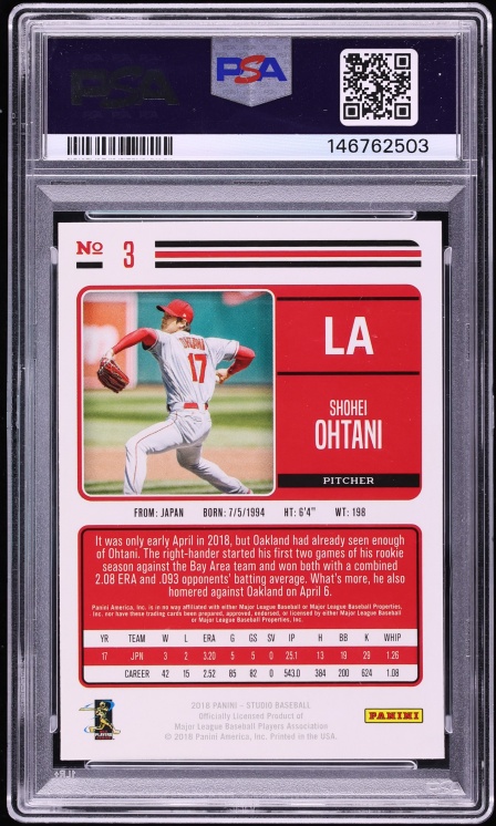 2018 Panini Chronicles Studio Shohei Ohtani ROOKIE #3 PSA 10 GEM MINT