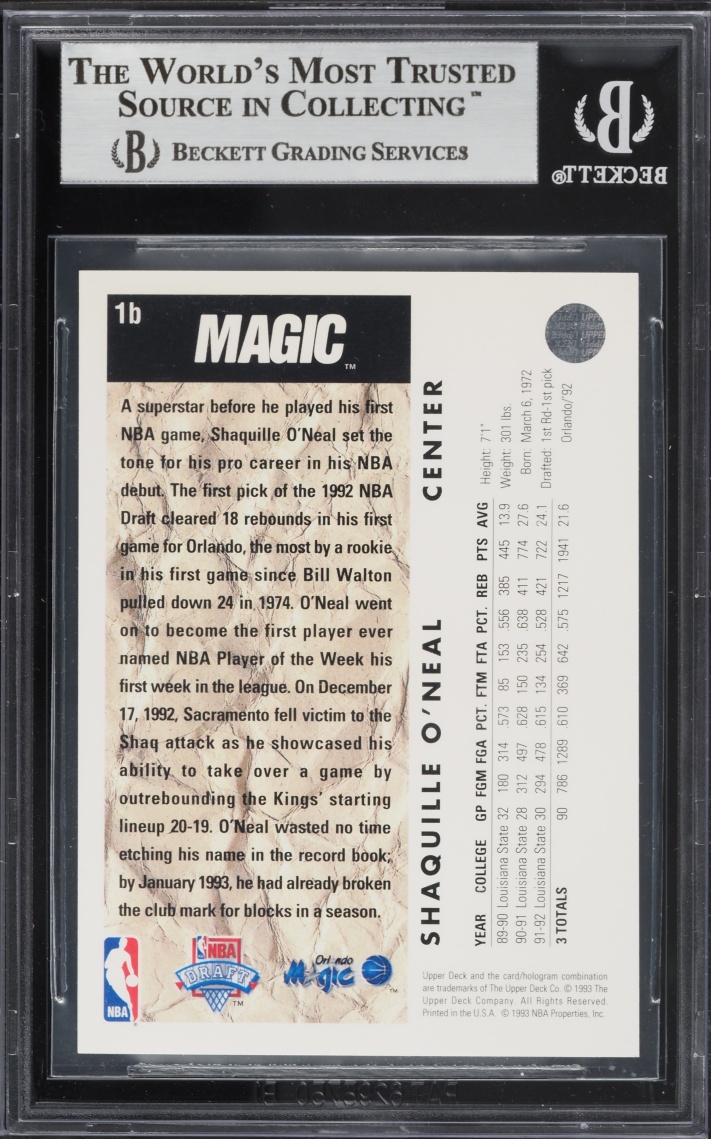 1992 Upper Deck Trade Card Shaquille O'Neal ROOKIE #1B BGS 8.5 NM-MT+