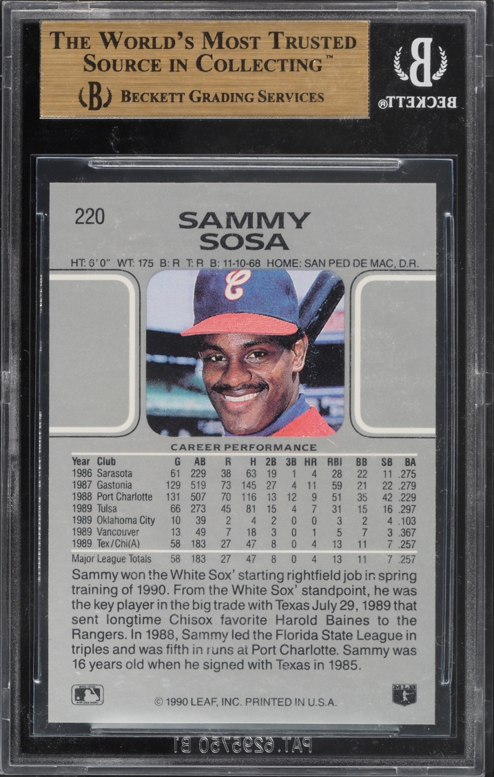1990 Leaf Sammy Sosa ROOKIE #220 BGS 9.5 GEM MINT