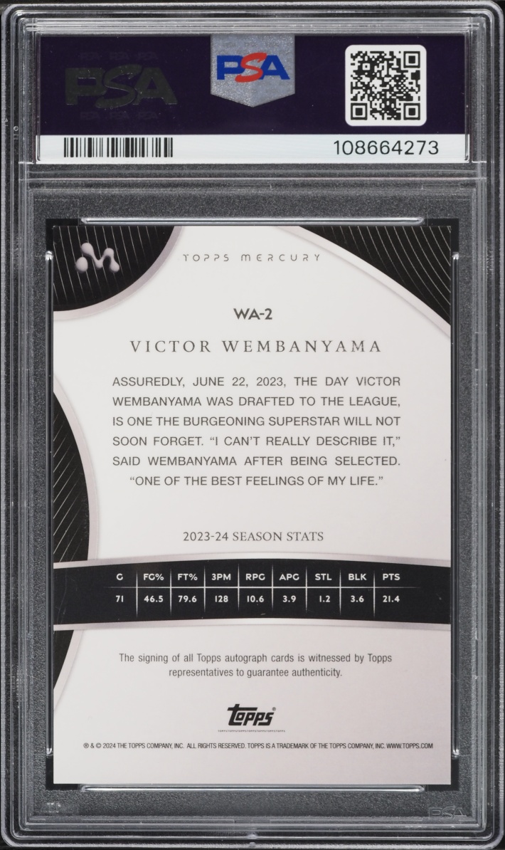 2023 Topps Mercury Refractor Victor Wembanyama ROOKIE AUTO DNA 8 /99 #WA2 PSA 10 GEM MINT