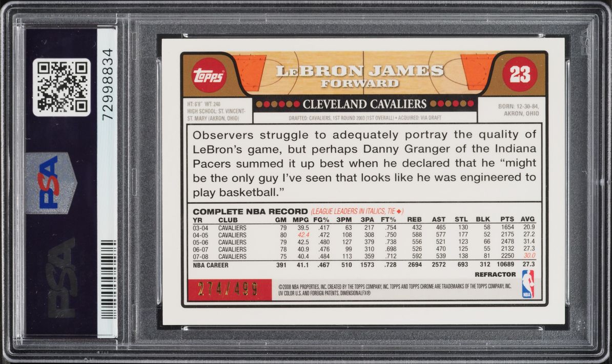 2008 Topps Chrome Orange Refractor LeBron James /499 #23 PSA 9 MINT