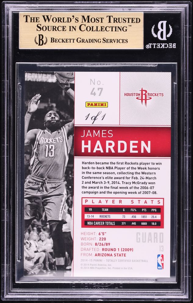 2014 Totally Certified Platinum Black James Harden 1/1 #47A BGS 9.5 GEM MINT - Photo 2