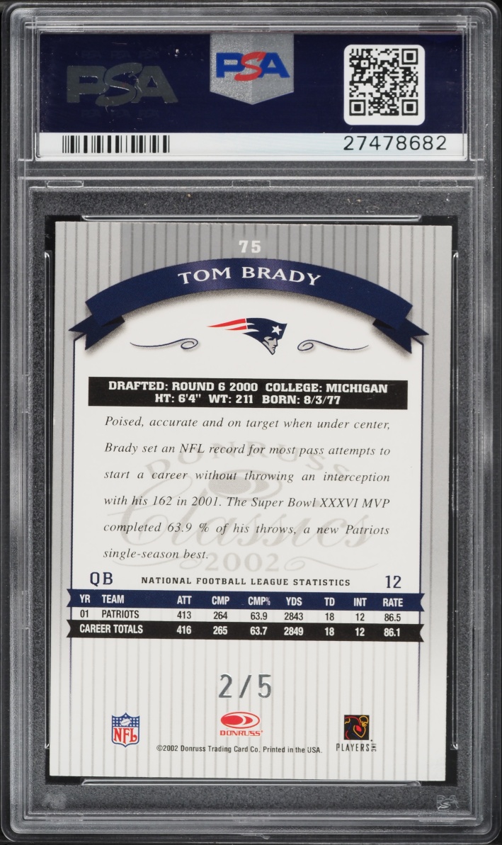 2002 Donruss Classics '02 National Tom Brady /5 #75 PSA 9 MINT - Photo 2