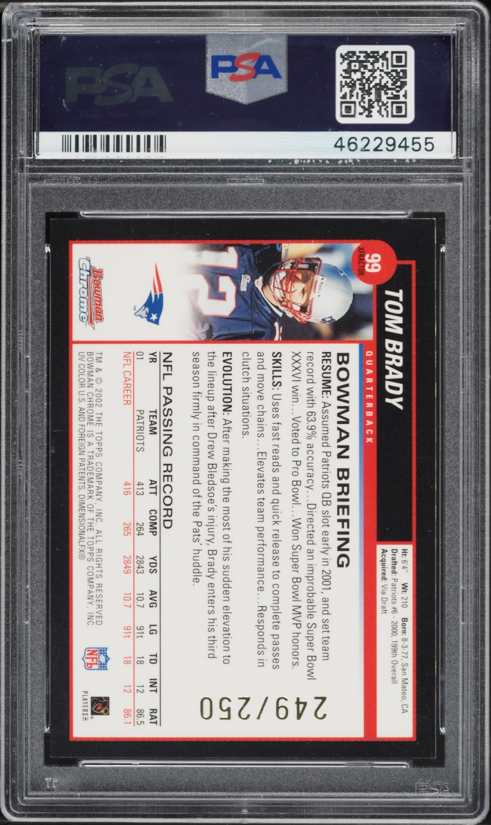 2002 Bowman Chrome Xfractor Tom Brady /250 #99 PSA 10 GEM MINT - Photo 2