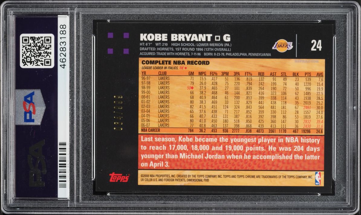 2007 Topps Chrome Refractor Kobe Bryant /999 #24 PSA 9 MINT - Photo 2