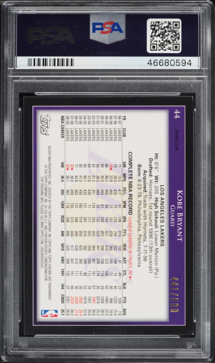 2009 Topps Chrome Refractor Kobe Bryant /500 #44 PSA 9 MINT - Photo 2