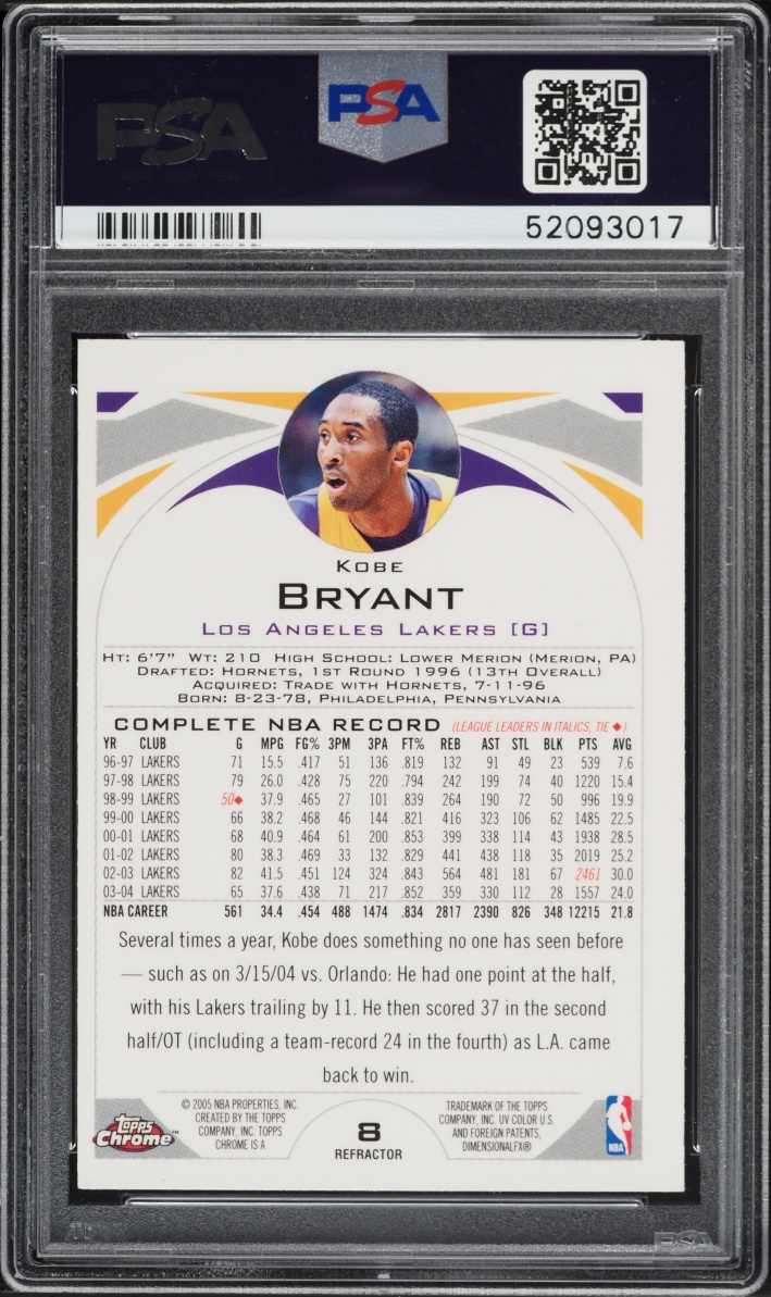2004 Topps Chrome Refractor Kobe Bryant #8 PSA 9 MINT - Photo 2